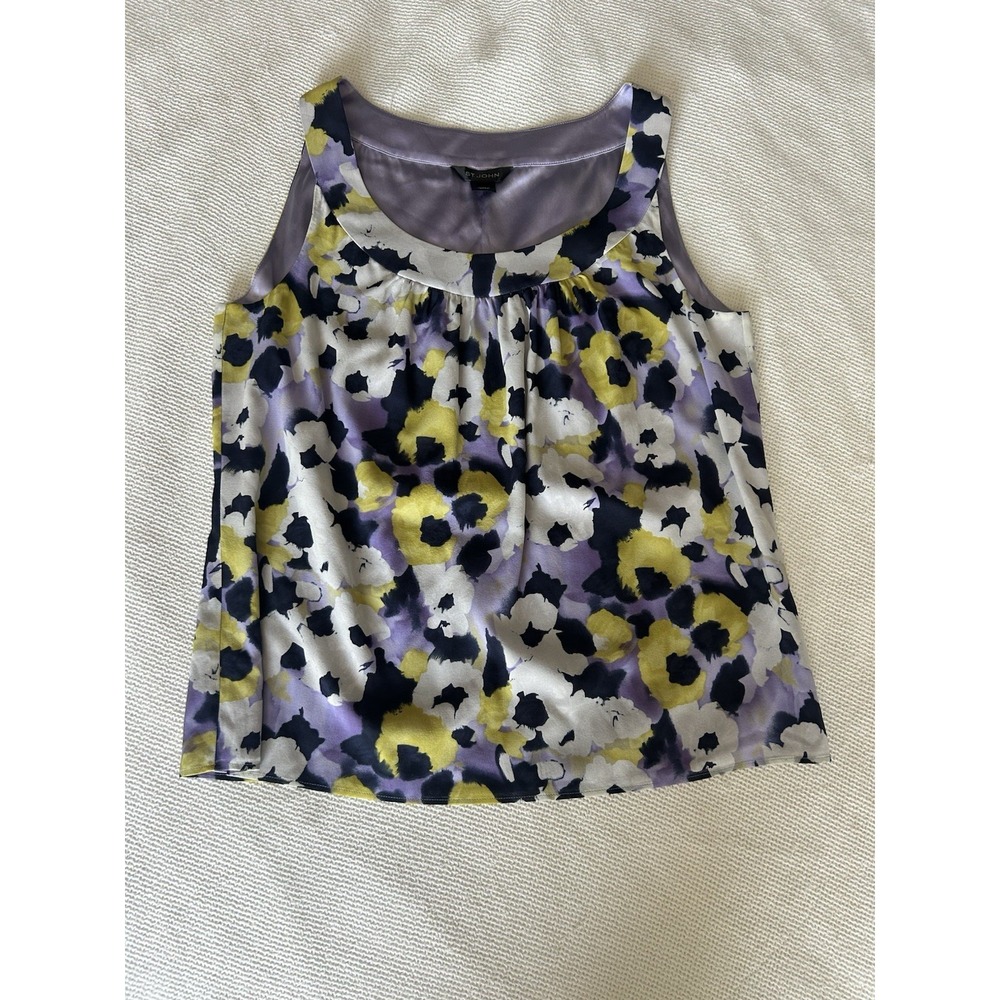 ST. JOHN  Silk Purple Floral Print Tank Top Size Medium Sleeveless Scoop Neck - Picture 3 of 6